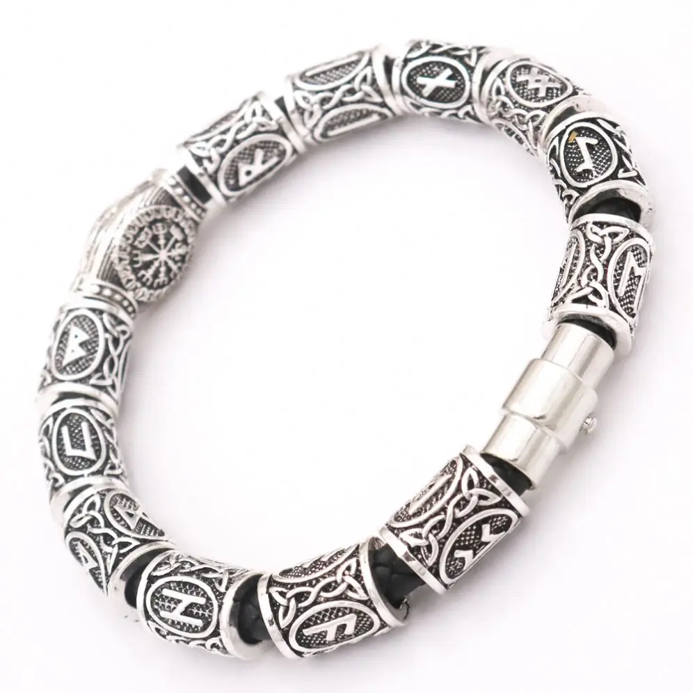 Nordic Viking Jewelry Antique Silver Plated Odin Rune Compass Beard Beads Metal Alloy Runavin Amulet Bracelet For Men