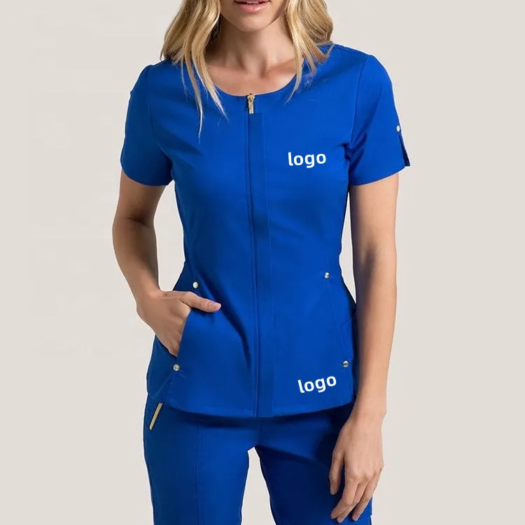 Lab Coat Medical Scrubs Hospital Nurse Scrub Multiple Cargo Pocket Nursing Scrubs Uniforms Sets With Zipper Jacket