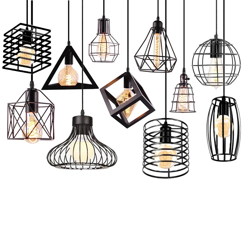 Retro Industrial Pendant Light Nordic Black Metal Cage Lighting Fixtures Iron Loft Cage Kitchen Vintage Adjustable Hanging Lamps