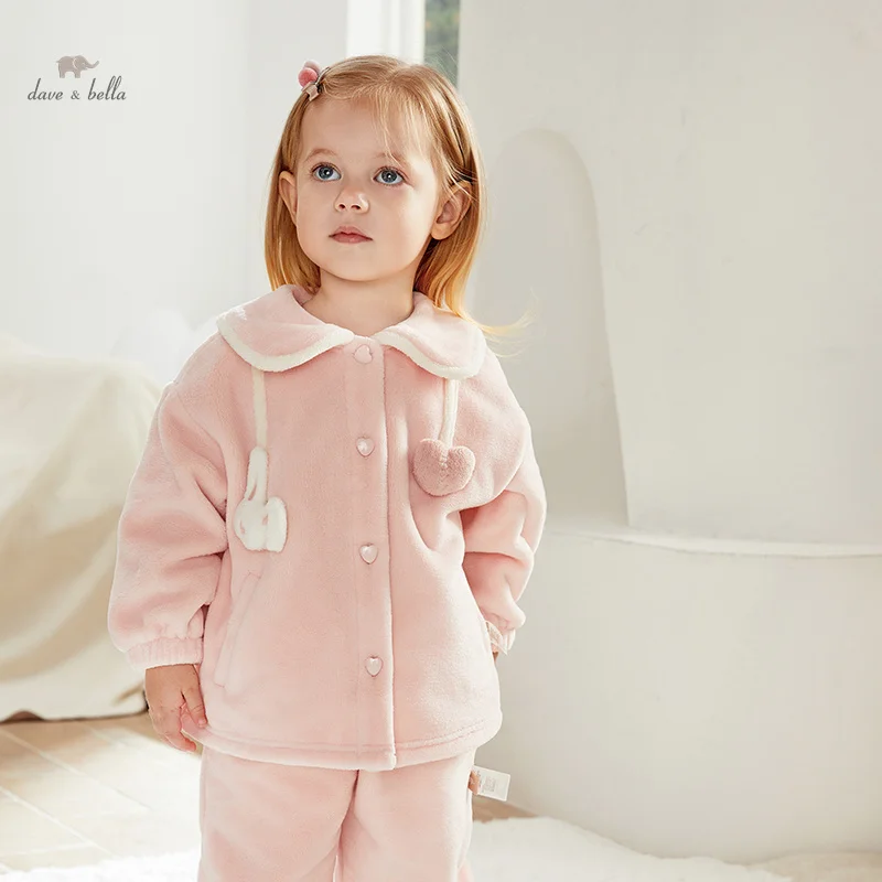 DB4237560 DAVE BELLA Children Girls Pink Antistatic Home 2 Pieces Suit Winter Children Fashion Warm Pajamas Set