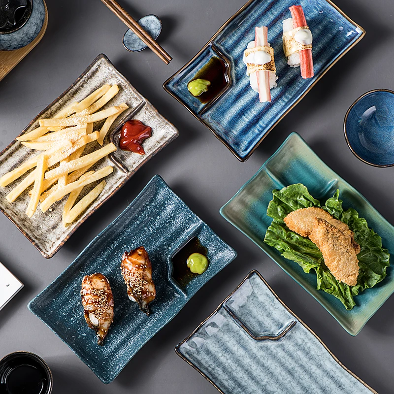 Appetizer Plates Party Sushi Entertaining Guests Porcelain Water Wave Relief Texture 7.5' Ceramic Platters Rectangle Plates