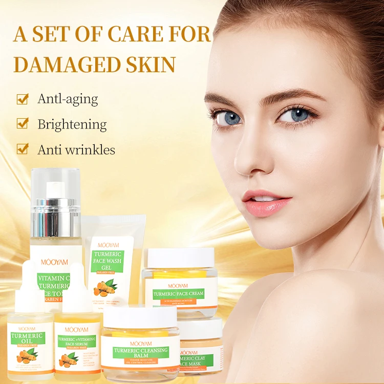 Private Label Skincare Sets Turmeric Organic Acne Treatment Facial Kit Brightening Anti Wrinkle Vitamin C Turmeric Skin Care Set