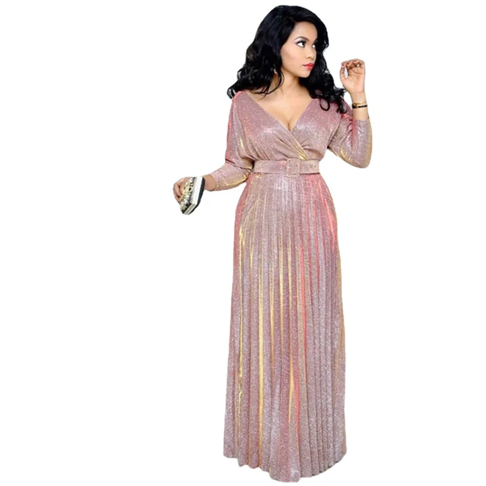 Design African Turkey Fashion Long Sleeve Pleated Shiny Dresses Modest Evening Dresses Formal Evening Gown