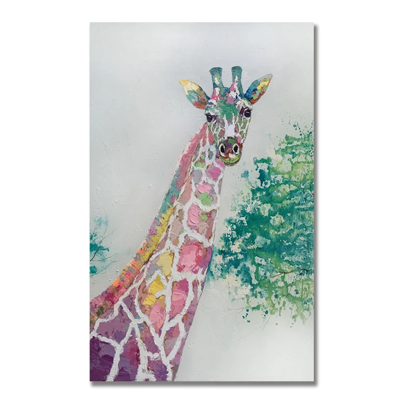 custom Decor Hand Painted Animal lovely Colorful Giraffe Oil Painting By handmade Wall Art Canvas Deer Painting