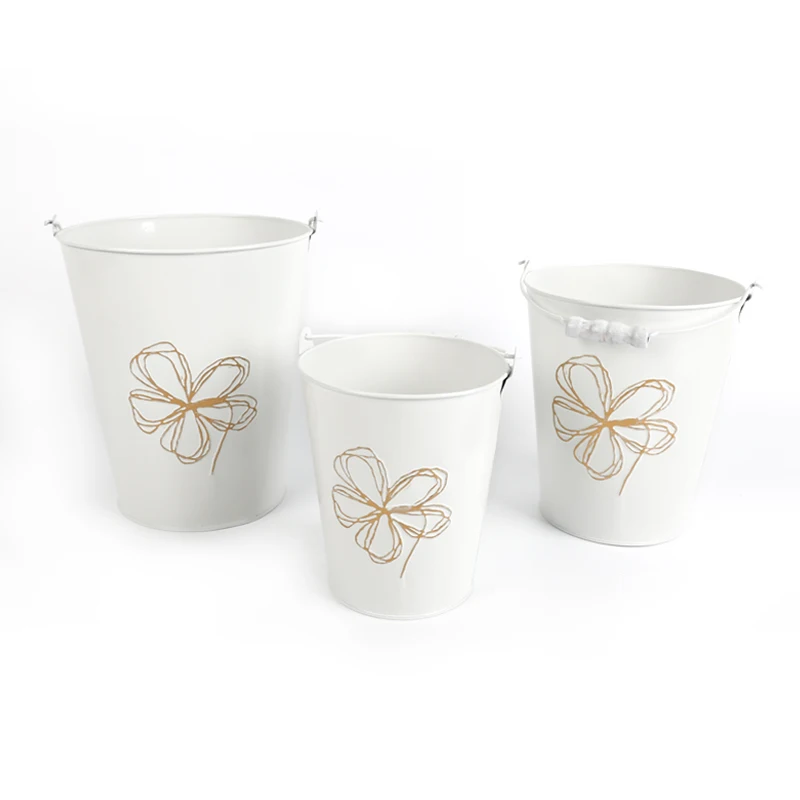 white Nordic INS style metal tin household storage tool iron bucket with wooden handle  container  packing/giftpacking
