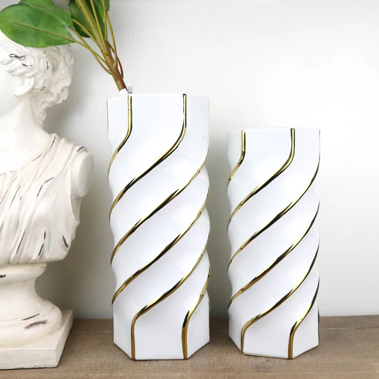 Gilded White Flower Vases Unique Spiral Thread Screw Design Unusual Ornamental For Ceramic Vase