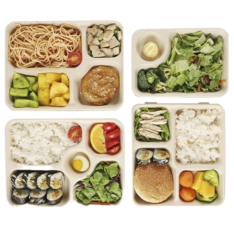 Customized Biodegradable Disposable Plates 5 Compartment Sugarcane Bagasse Tray for Wedding