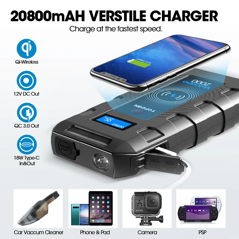  TOPDON Volcano 2000A Peak Portable automotive car jump starter booster battery tool for a flat 12V