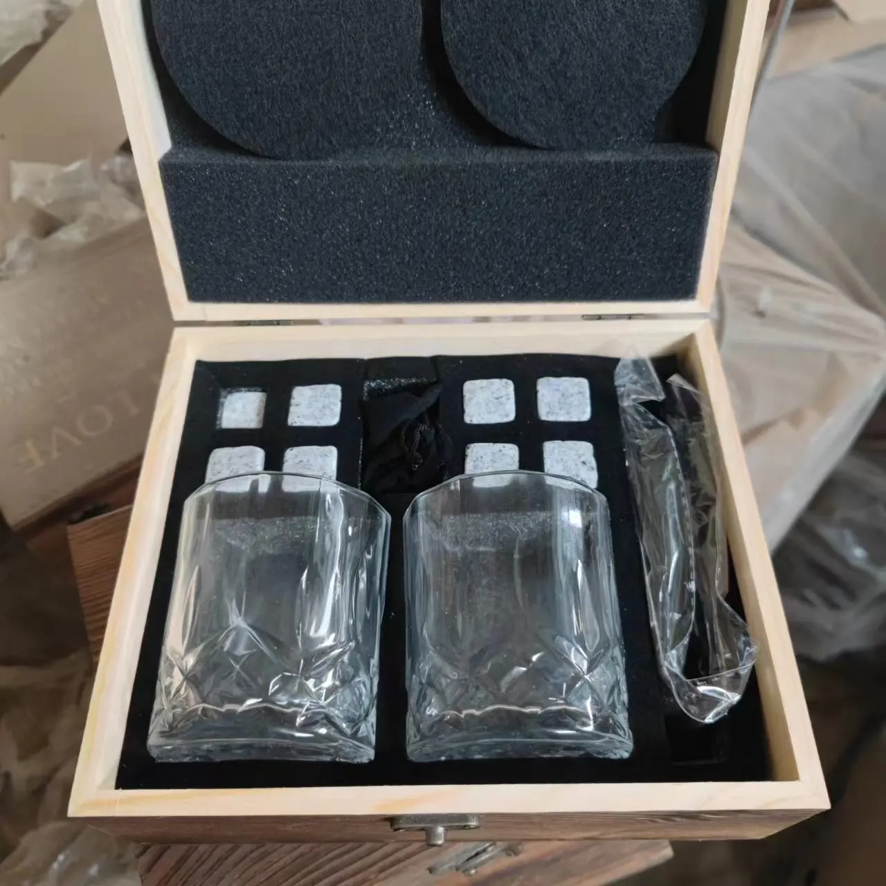Luxury Whiskey Glass Gift Set in Wooden Box Includes 8 Whiskey Ice Stones Velvet Bag and Stainless Steel Tongs