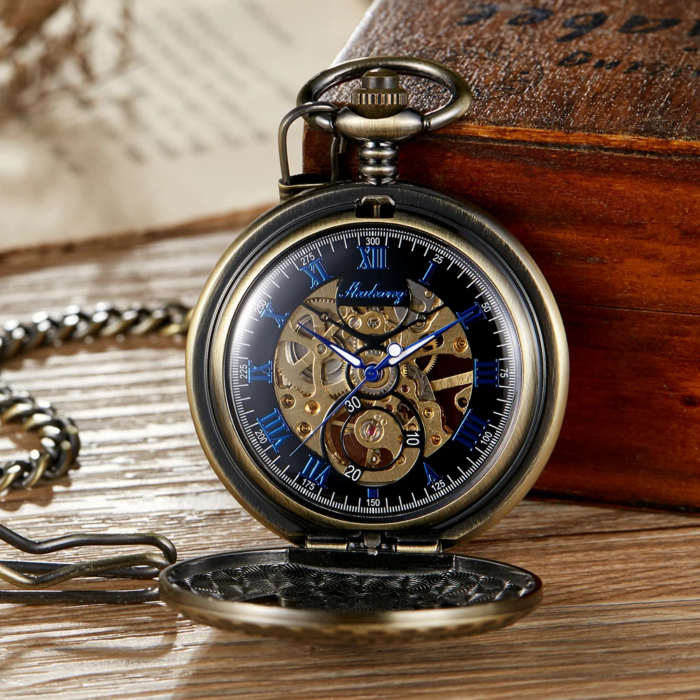 Hand-WInd Mechanical Pocket Watch Vintage Hollow Blue Moon Star Steampunk Skeleton Watch Roman Numerals Clock With Fob Chain