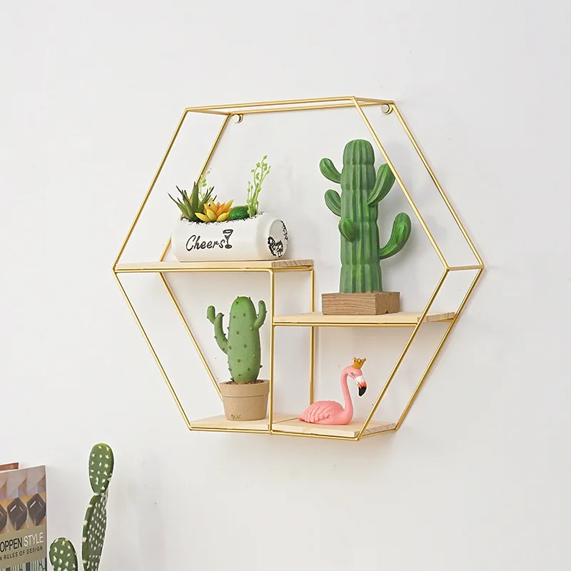 Simple modern hexagonal metal wall storage rack decorative floating shelves wall shelf