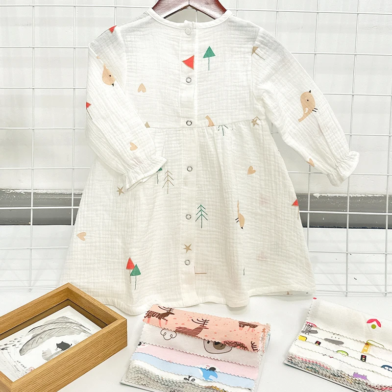 100%Cotton Double Layers Crinkle Crepe Printed Long Sleeve Children Girl Baby Dress