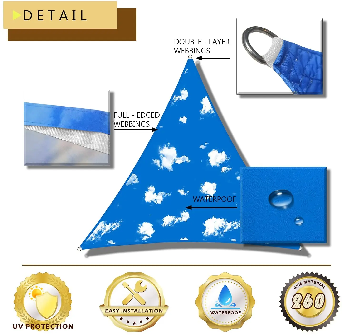 Patio Deck Backyard Printed Pattern Shade Cloth Canopy Waterproof Shade Cover Awning Sunshine Block Triangle Sun Shade Sail