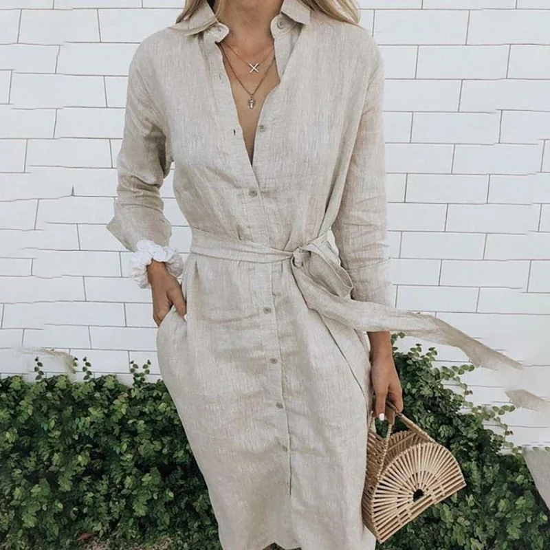 Real Photos Cotton Linen Women Shirt Long Dress Long Sleeve Pockets Loose Casual Split Maxi Dress