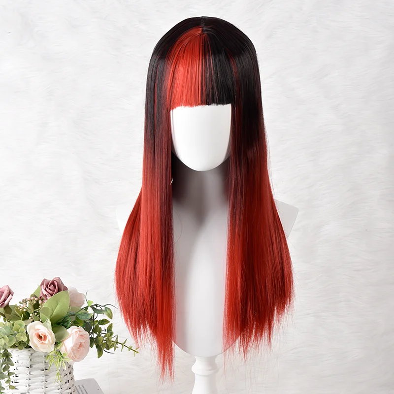 Cosplay wig prom long curly hair colorful ladies curly hair anime Lolita wig black and red splicing long female straight hair