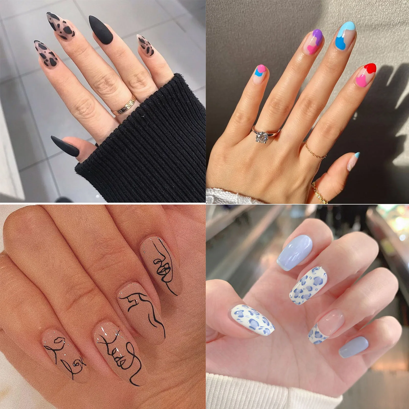 24 Pcs/Box Coffin Nail Tips With Jelly Glue Wave lines Blue and White Artificial Nail Tips False