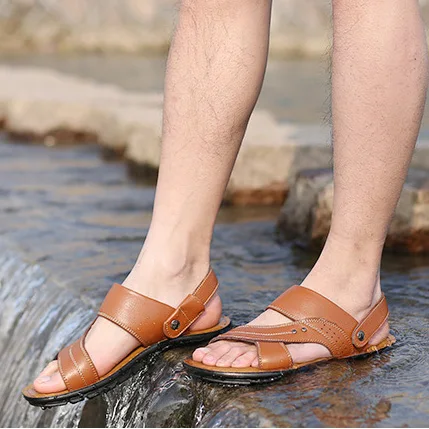 2023 summer new style fashion genuine leather open shoes beach outdoor flat sandals for men