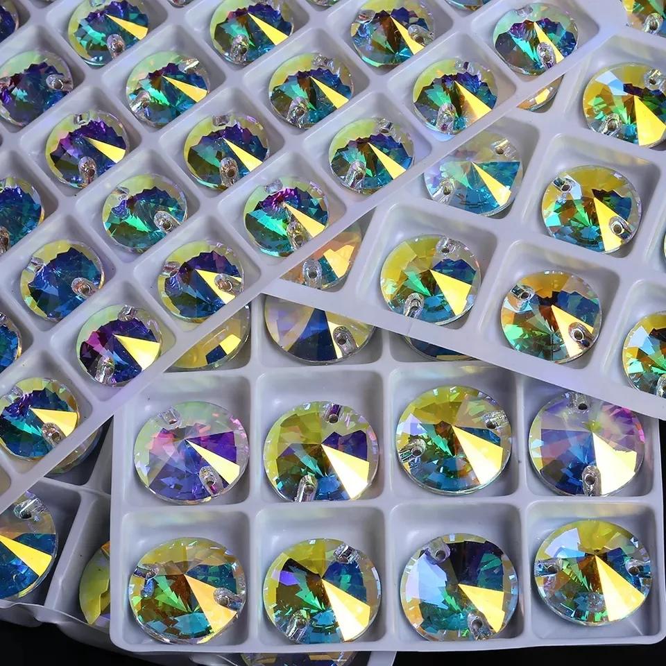 K9 Crystal AB Color Round Rivoli Gemstones Bulk Flat Back Glass Rhinestones Sew On For Diy Clothing