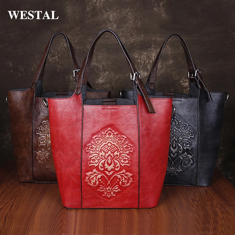 First Layer Cowhide Leather Vintage Embossed Character Stylish Handbags Custom Logo Messenger Tote Bags