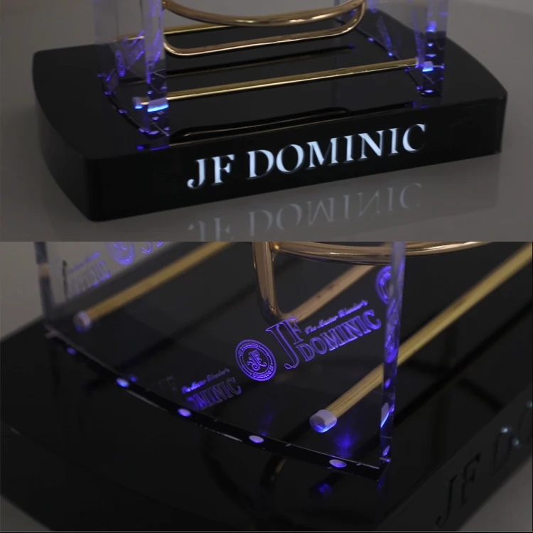Custom LED Illuminant LOGO Vintage Port Liquor Display rack Acrylic Wine Bottle Holder with Metal Cradle