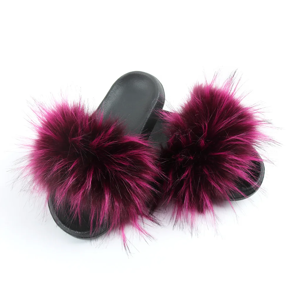 Ladies fur slippers slides/custom faux furry slides slippers/wholesale faux fox fur slides