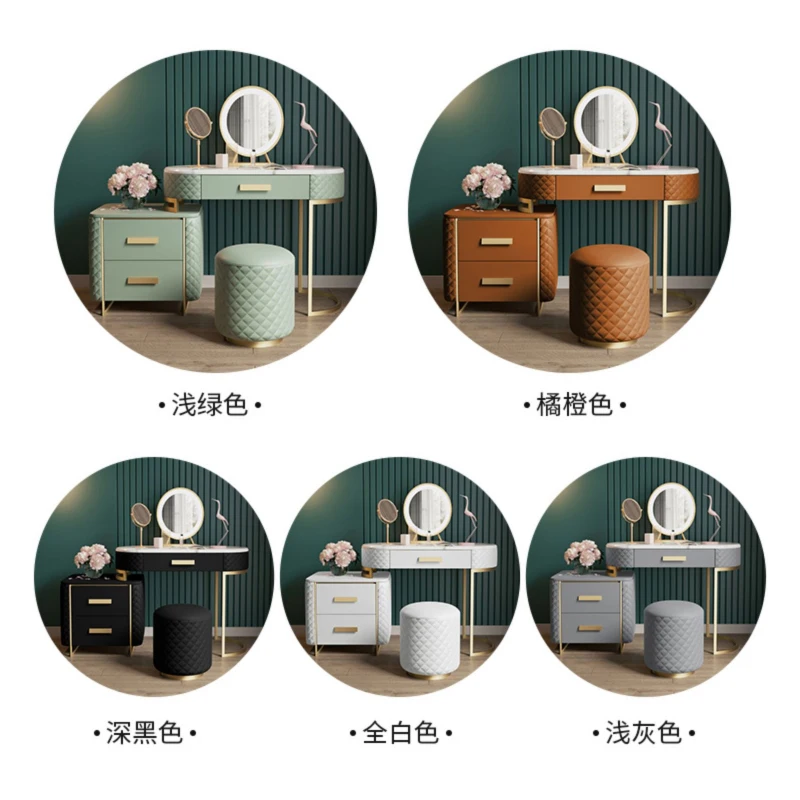 Modern Kids Dressers Luxury Design Vanity Makeup Table Leather and Stainless Steel Dressing Table with Mirror and Stool