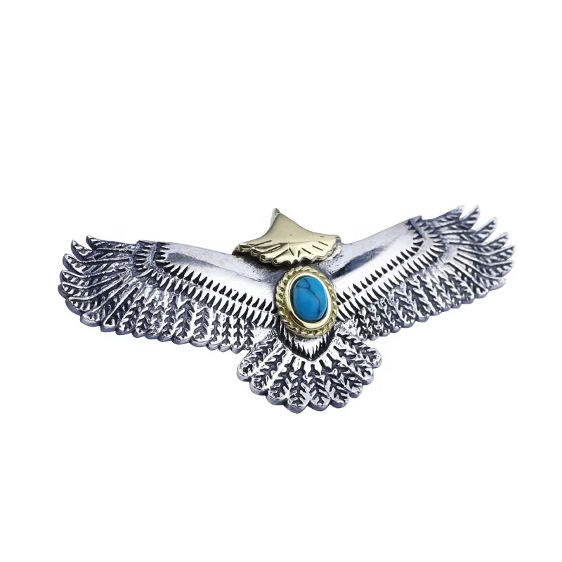 Fashion personalized jewelry solid 925 sterling silver big golden eagle feather turquoise pendant wholesale