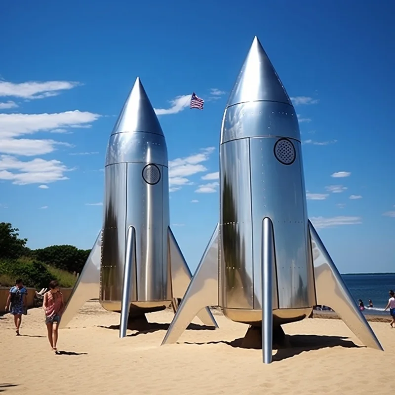 Custom Giant Outdoor Modern Space Themed Art Metal Mirror Polish Rocket Large Stainless Steel Cartoon Rocket Ship Sculpture