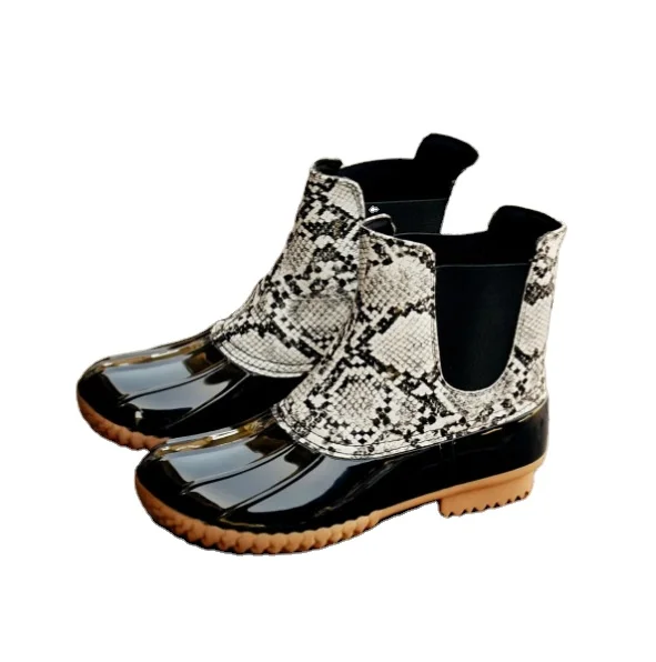 Vintage PU Leather Boots Female Leopard Snakeskin Ankle Rain Boots Hristmas Shoes Winter Fmale Dmiddle Water Tube Medium Boots