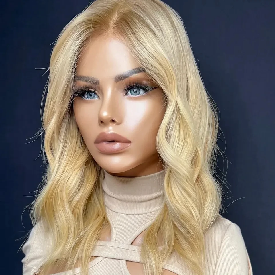 613# Blonde Light Brown Root High Density Double Drawn Wigs Bob Cut Shoulder Length Remy Virgin Hair Small Size Glueless Wig