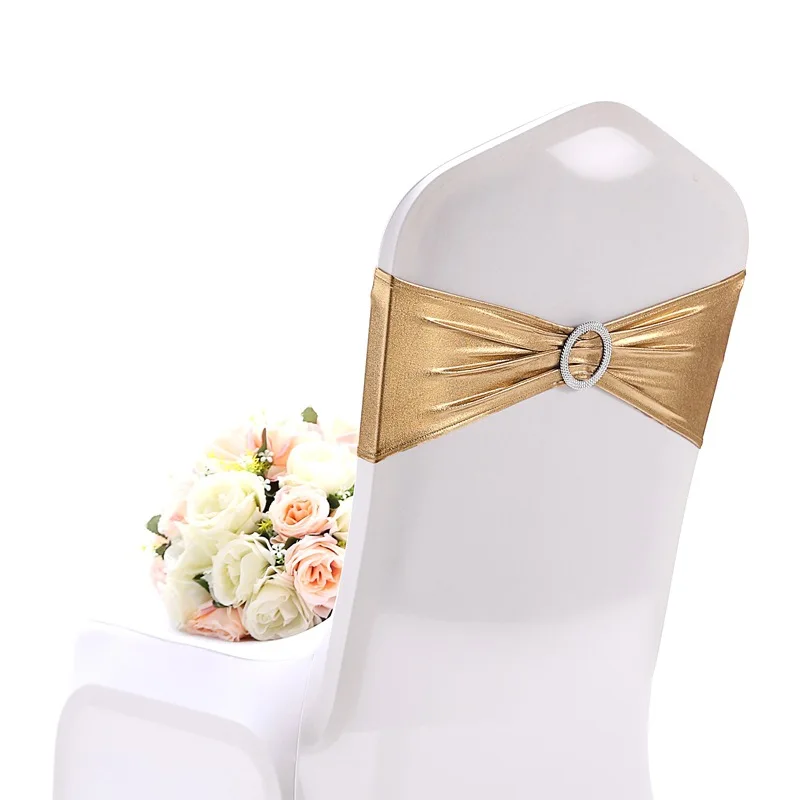 
Hot-stamping Gold Spandex Chair Sashes Bows Wedding Banquet Hotel Decoration Elastic Chair Band 