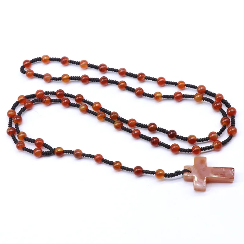 Christian Knot Mala Beads Meditation Yoga Natural Stone Beaded Crystal Gemstone Cross Pendant Mala Rosary Necklace Men Women