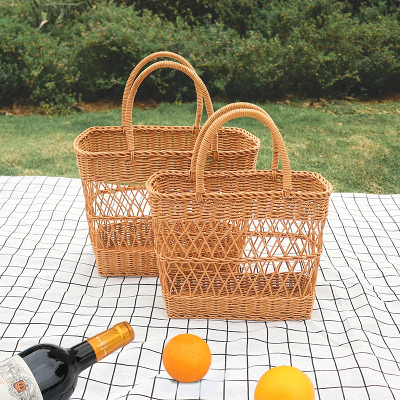 Eco-friendly popular shopping bag plastic grocery bakset lundry basket rattan picnic basket tote bag with handle