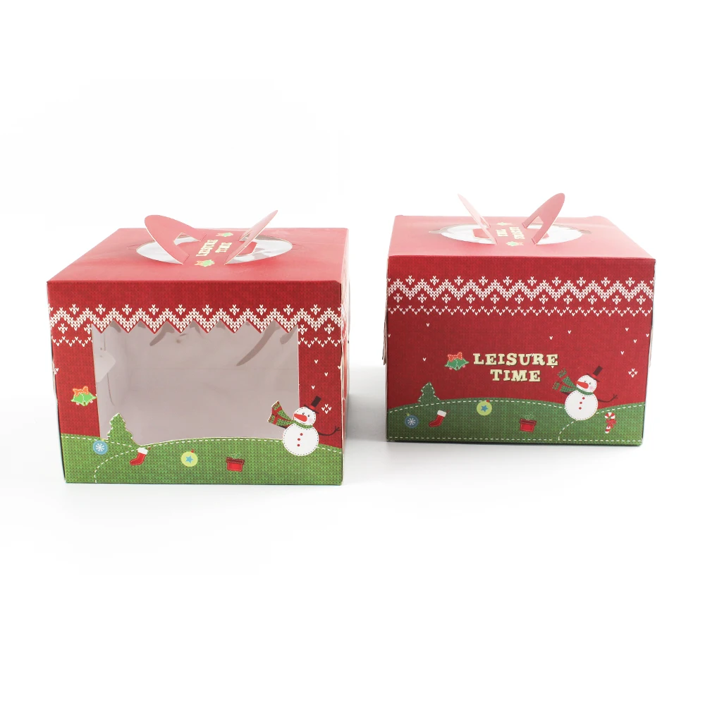 Christmas Window Cake Box Design For Christmas Bakery Cookie Cake Brownie Packaging with handle