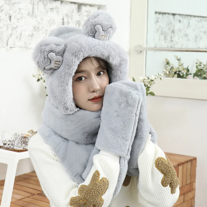 Women Outdoor Warm Winter Hats Set Girls Earflap Caps Cartoon Fur Hat Scarf Gloves One Piece Set