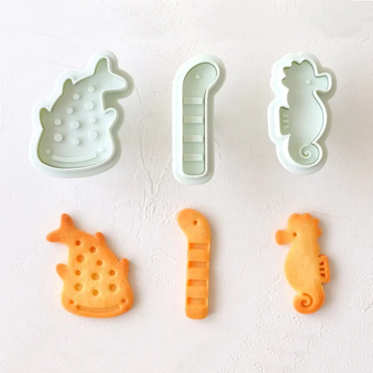 Food Grade 3 Pcs ABS Ocean Series Whale Shark Eel Seahorse Shaped Cookie fondant cutter Set Biscuit Mold