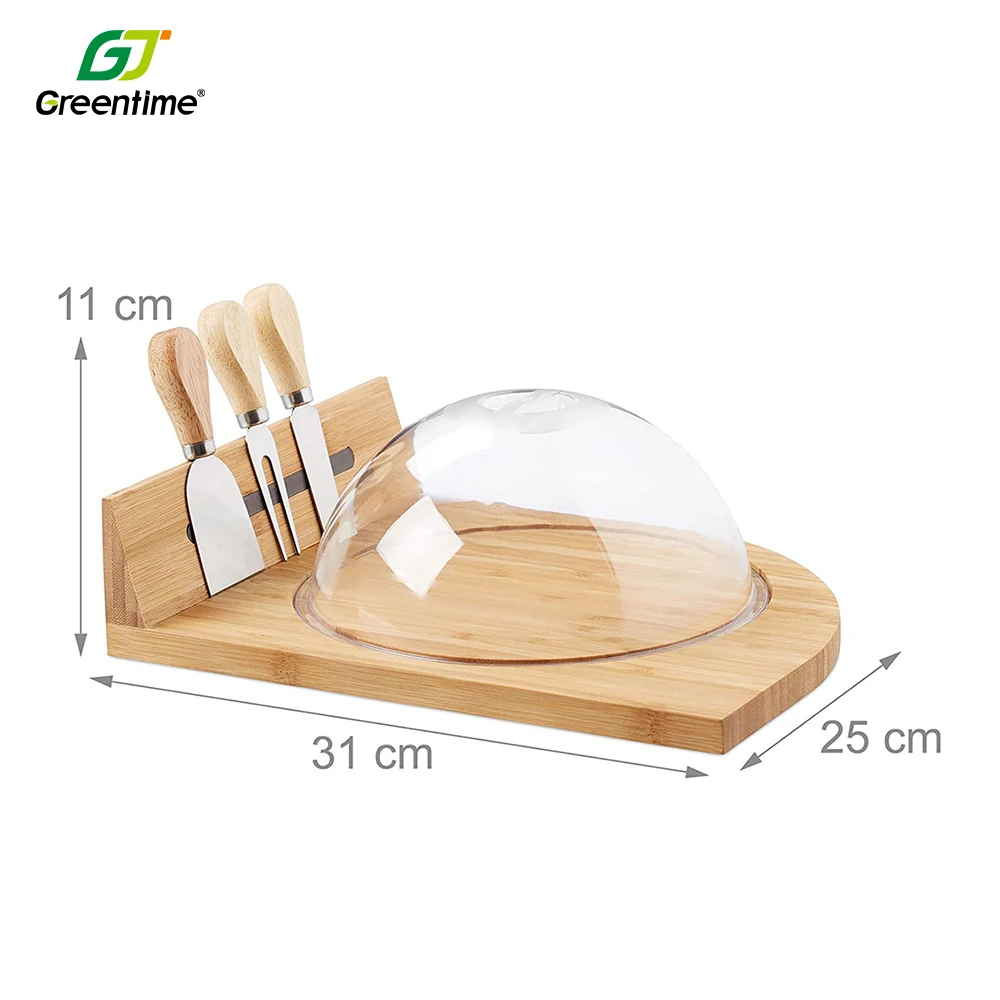 Butter Bread Plate Cutting Board Wooden Bamboo Cheese Board And Knife Set With Transparent Acrylic Lid
