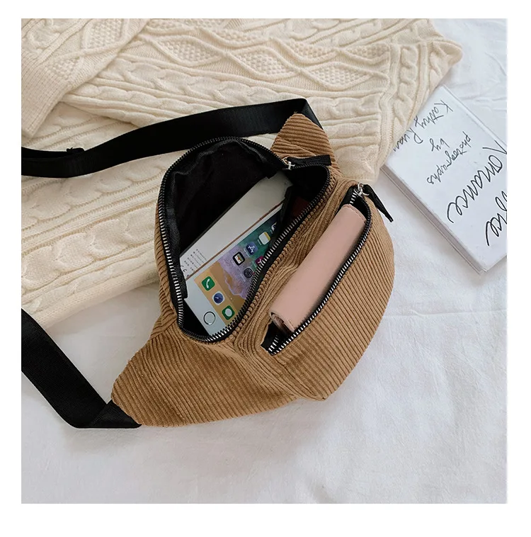 Wholesale  OEM Custom Logo  Adjustable Strap Money Phone Belt  Bag Double Zipper Corduroy Fanny Pack Waist Bag for Men Women