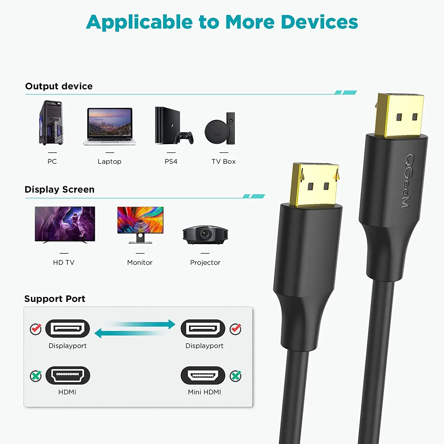DisplayPort 1.2 Cable QGeeM 4K High Speed DP Adapter Supports 4K@60Hz and 2K@144Hz Compatible with PC Laptop TV for Monitor