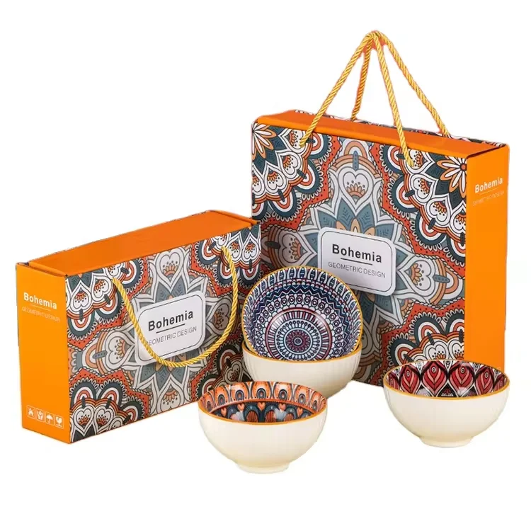 Bohemian Ceramic Gift Box Colorful Printed Under Glazed Gift Set Kitchen Rice Salad Bowl  Serving Ceramic Bohemia Bowls Set