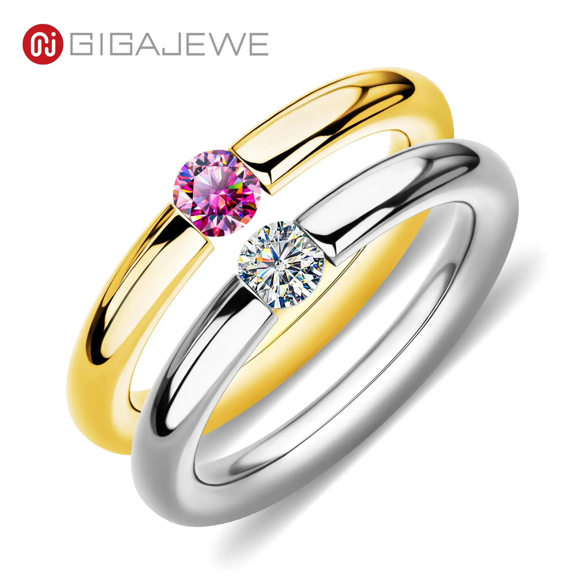 GIGAJEWE Moissanite 0.3ct 4mm Round Cut Nova Blue Pink EF Titanium Steel Ring