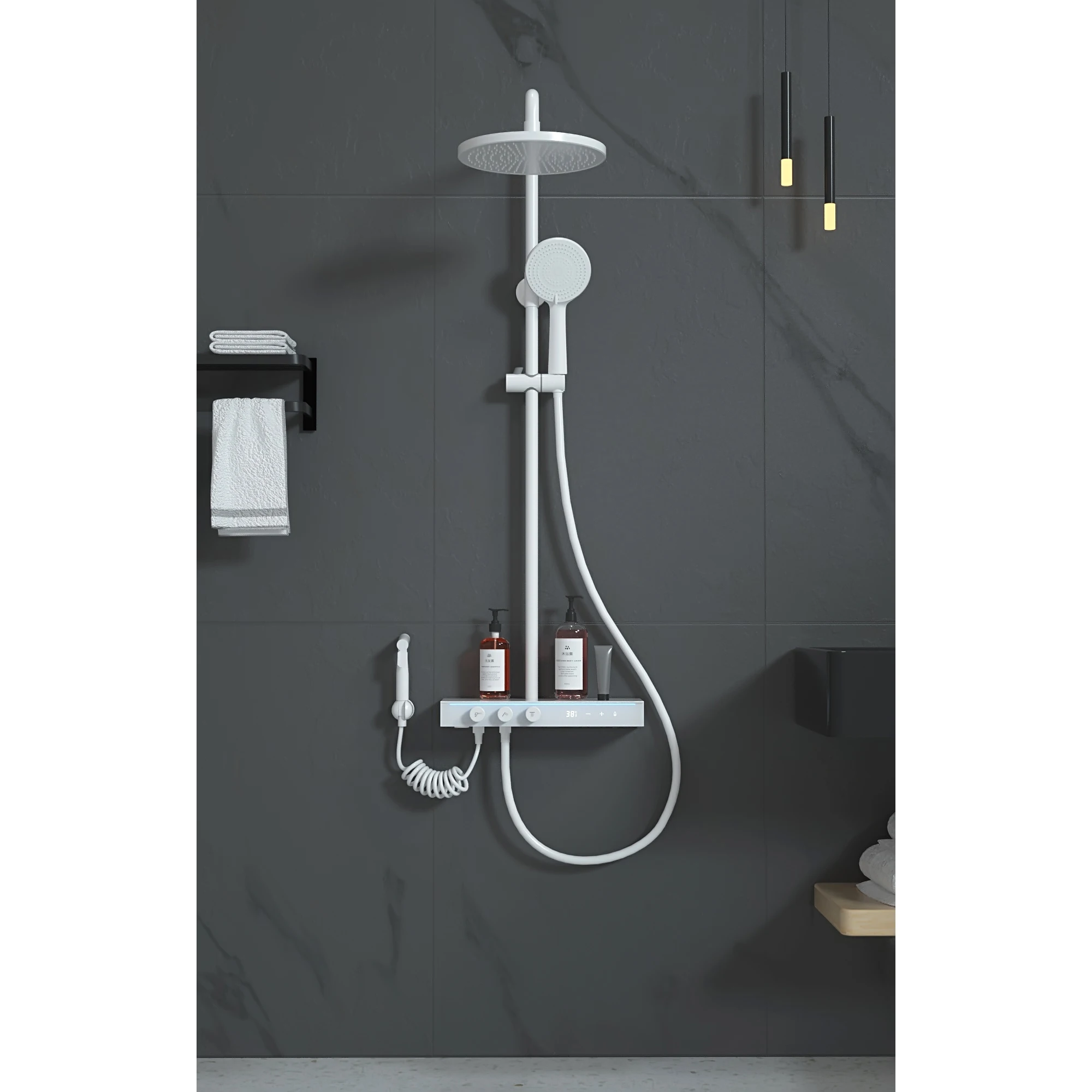 Modern new design 2023 guangdong smart bath room white black shower head and faucet set chrome thermostatic shower set