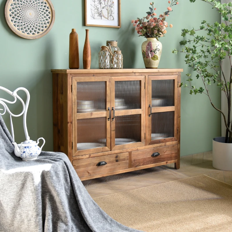 Accent Pastoral Style Home Furniture Solid Wood Kitchen Dining Room Storage Console Cabinet with 2 Drawer and 3 Glass Doors