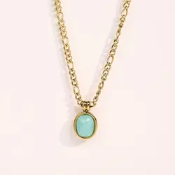 18K Gold Plated Stainless Steel Women Gemstone Jewelry Cabochon Amazonite Natural Stone Necklace With Figaro Chain