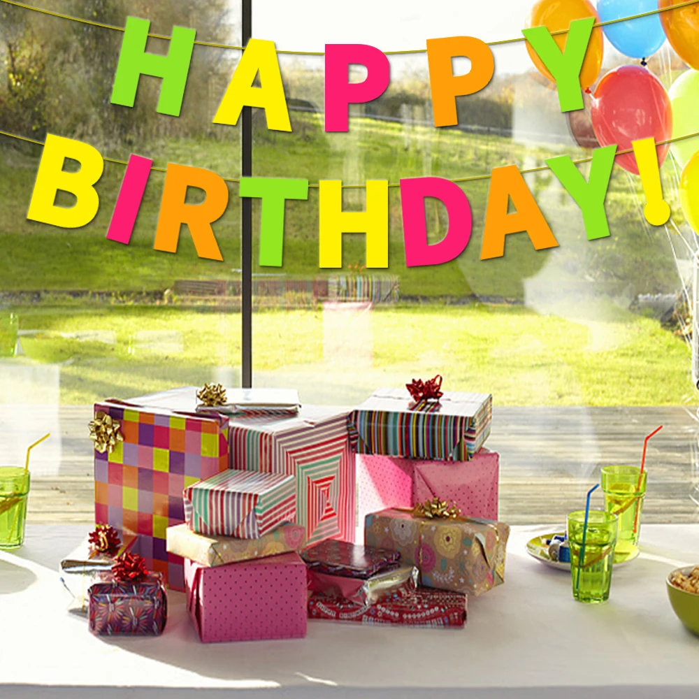 Glow Birthday Party Decoration Neon Happy Birthday Banner Hanging decor for Black Light in the dark Halloween Birthday Banner