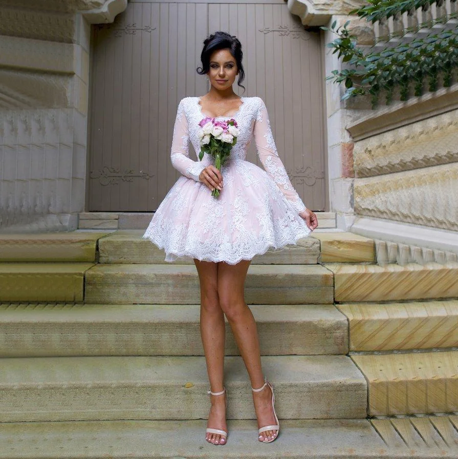 Korean Designer Custom Made Long Sleeve Marriage Mini Wedding Dress