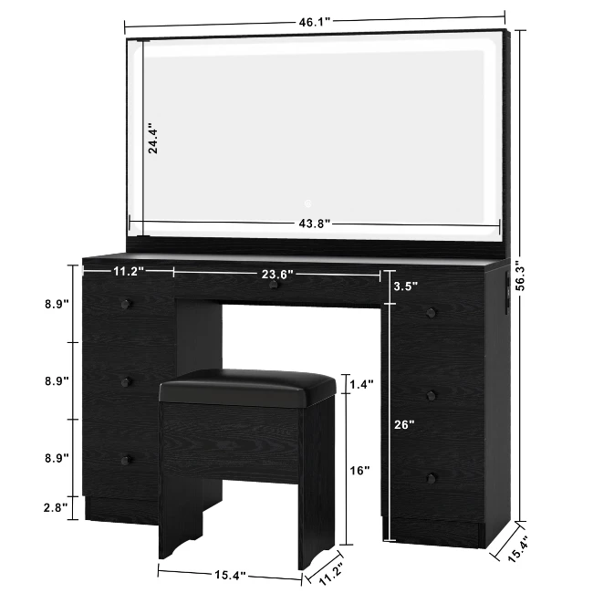 HZT-12 Vanity Makeup Desk Set with LED Lighted Mirror Bedroom Vanities Table with Stool Black