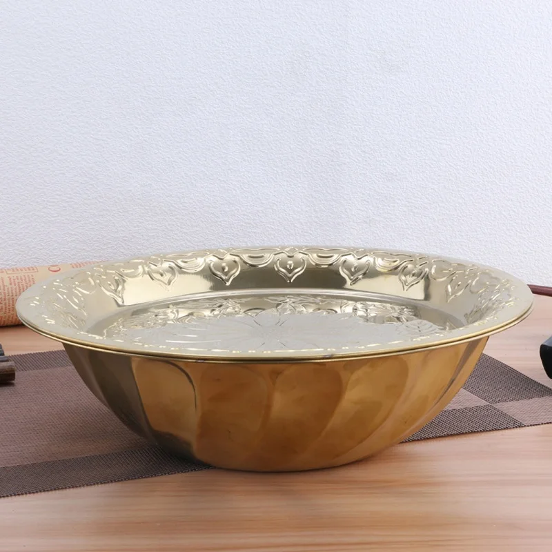 Kitchen Stainless Steel Round Basin Serving Bowl Basin with Lid Flower Design Dinner Set Gold Plate