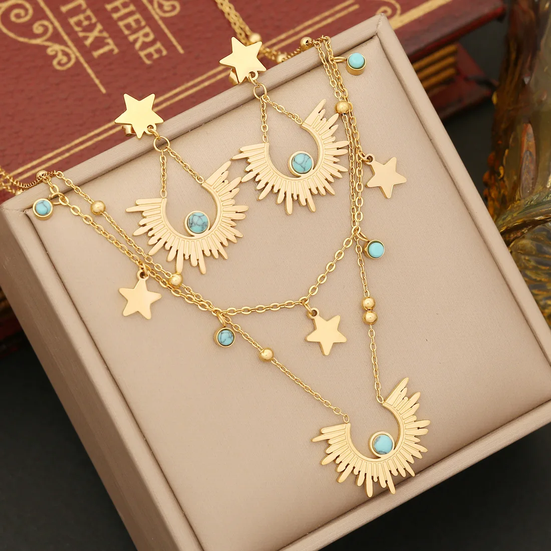 XL23205 Retro New Trend Turquoise Necklace Stainless Steel Jewelry Set Non-fading Gold Plated Double Layer Necklace For Women
