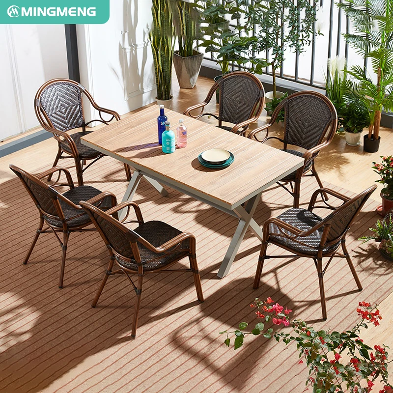 Modern French Dining Rattan Furniture Outdoor Garden Cafe Table and Chair Set for Park Hotel